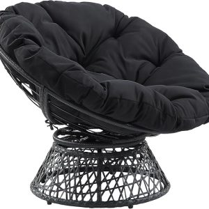 OSP Home Furnishings Wicker Papasan Chair with 360-Degree Swivel, Grey Frame with Black Cushion