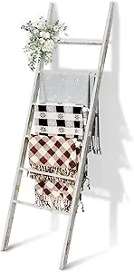 6-Tier Blanket Ladder Wooden, 5.7FT(66.5'') Blanket Quilt Towel Holder Rack Decorative Ladder, Easy Assembly, Rustic Farmhouse Ladder Shelf for The Living Room Bedroom Bathroom Home Decor, White Wash