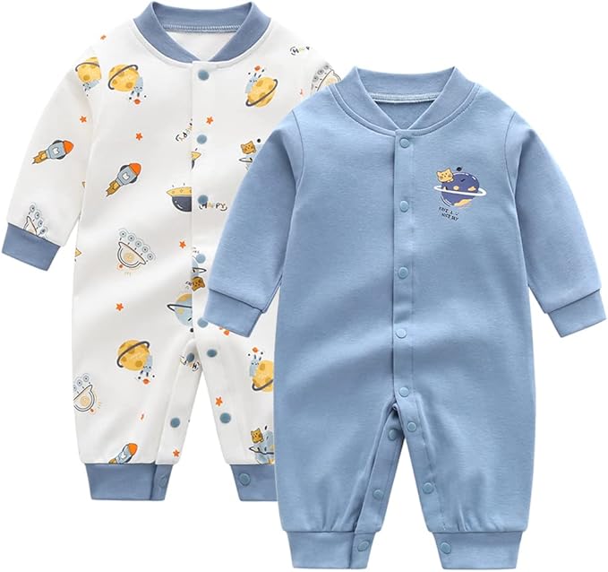 Newborn Baby Boys Girl Romper Infant Long Sleeve One-Piece Outfits Toddler Button Jumpsuits, 2 Pack