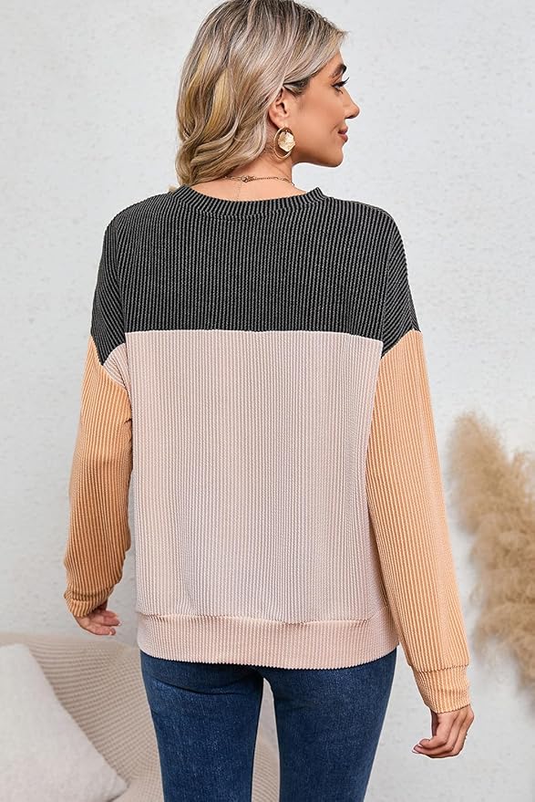 Dokotoo Womens Fashion 2024 Color Block Long Sleeve Crewneck Knitted Casual Loose Pullover Shirts Tops