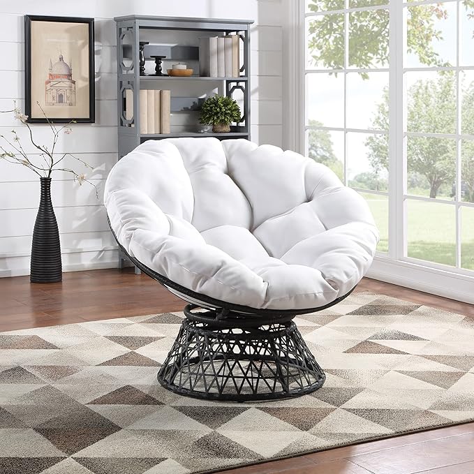 OSP Home Furnishings Wicker Papasan Chair with 360-Degree Swivel, Grey Frame with White Cushion