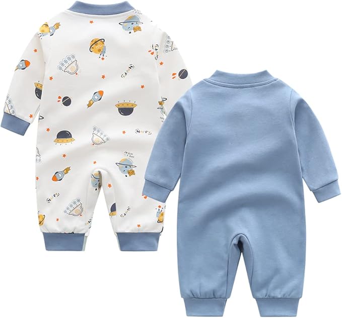 Newborn Baby Boys Girl Romper Infant Long Sleeve One-Piece Outfits Toddler Button Jumpsuits, 2 Pack