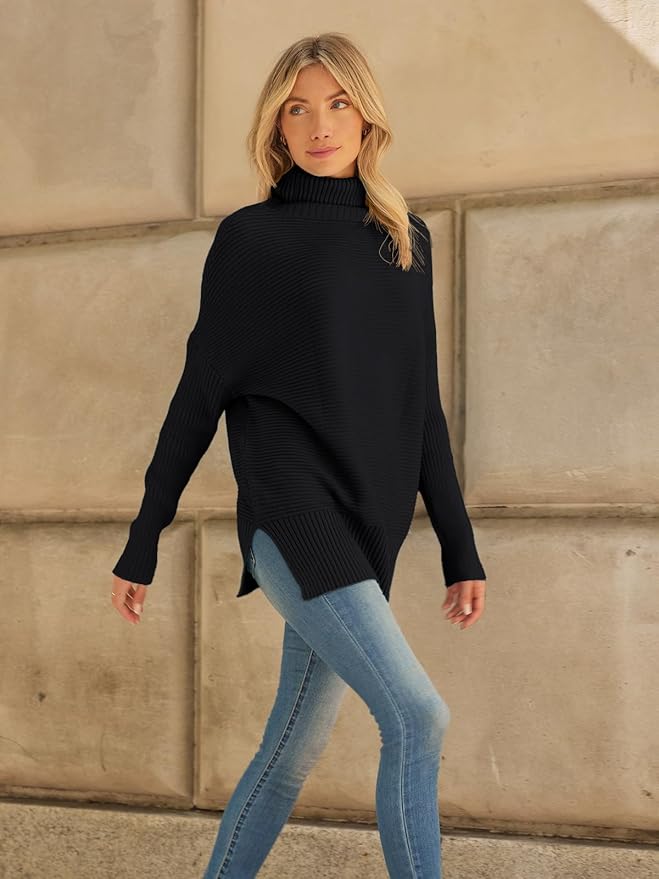 LILLUSORY Women's Oversized Turtleneck Sweaters Fall Batwing Sleeve Ribbed Tunic Sweater