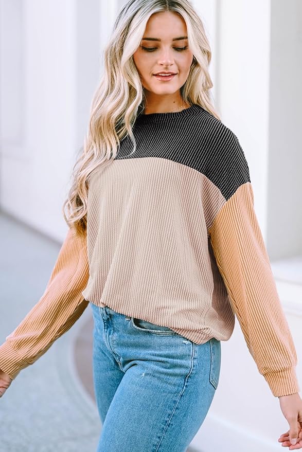 Dokotoo Womens Fashion 2024 Color Block Long Sleeve Crewneck Knitted Casual Loose Pullover Shirts Tops