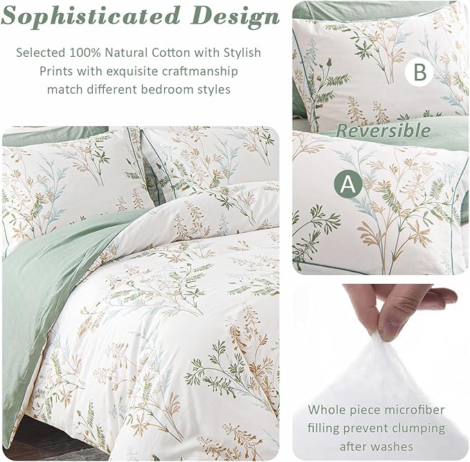 Natural Cotton 3pcs Botanical Comforter Sets Queen Size-Green Comforter with Luxurious Tan & Gray Leaves on White, Reversible Lightweight Floral Bedding Sets(Full/Queen)