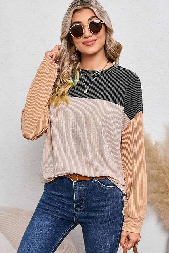 Dokotoo Womens Fashion 2024 Color Block Long Sleeve Crewneck Knitted Casual Loose Pullover Shirts Tops