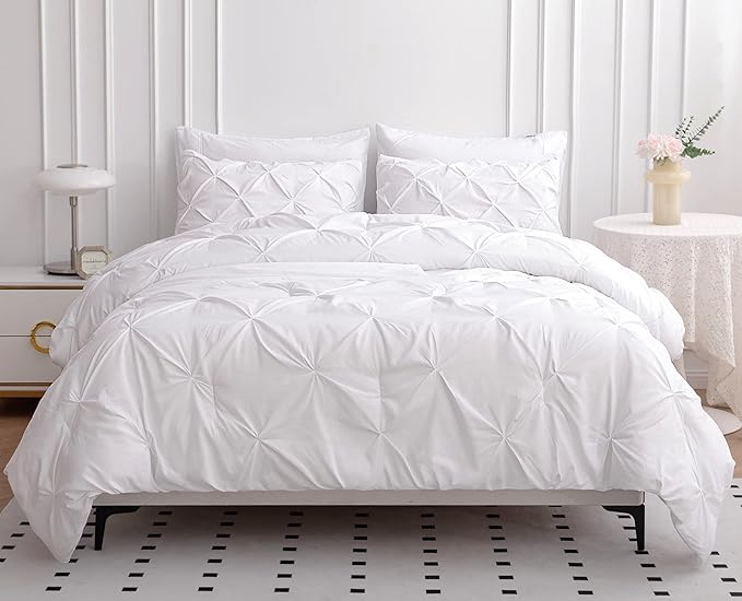 LANE LINEN Twin Comforter Set, 5 Piece Twin Bedding Sets, Ultra Soft Pintuck Twin Bed in a Bag Set with Down Alternative Comforter, Sheets, Pillowcase & Sham, Pinch Pleated Kids Bedding Set - White