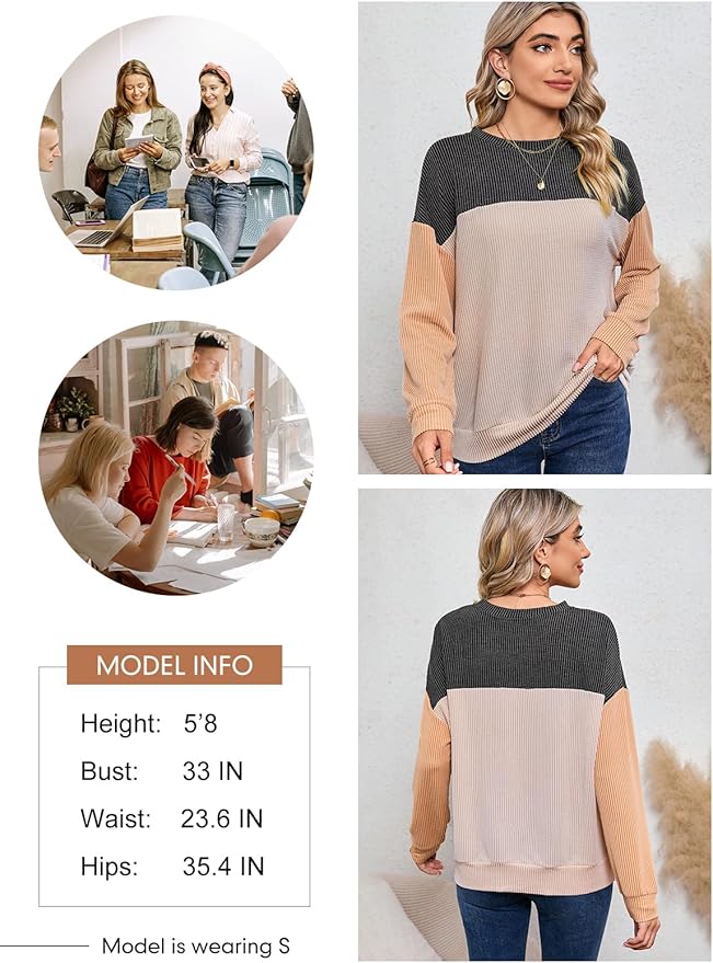 Dokotoo Womens Fashion 2024 Color Block Long Sleeve Crewneck Knitted Casual Loose Pullover Shirts Tops
