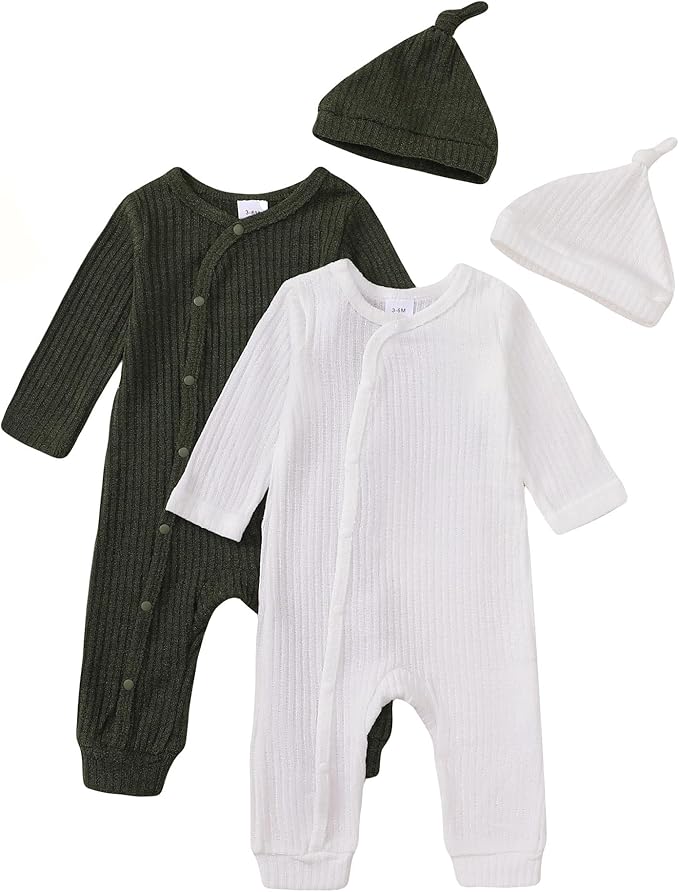 Infant Boys Girls 2 Pack Newborn Baby Romper Hat Ribbed Knit Long Sleeve Button Solid Bodysuit Jumpsuit with Hat