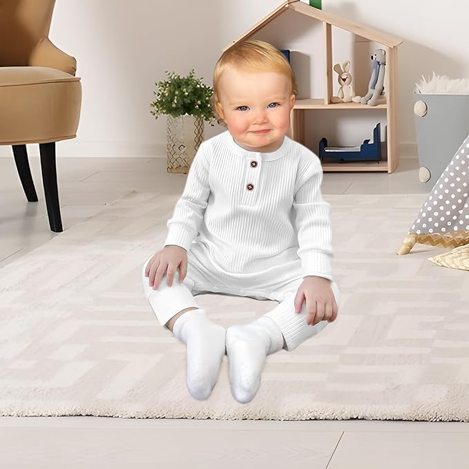 Newborn Baby Boy Girl Romper Infant Long Sleeve Solid Ribbed Button Clothes Bodysuit Jumpsuit