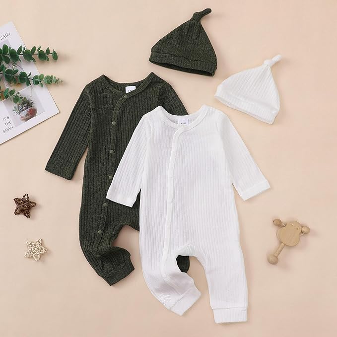 Infant Boys Girls 2 Pack Newborn Baby Romper Hat Ribbed Knit Long Sleeve Button Solid Bodysuit Jumpsuit with Hat