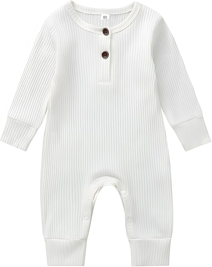 Newborn Baby Boy Girl Romper Infant Long Sleeve Solid Ribbed Button Clothes Bodysuit Jumpsuit