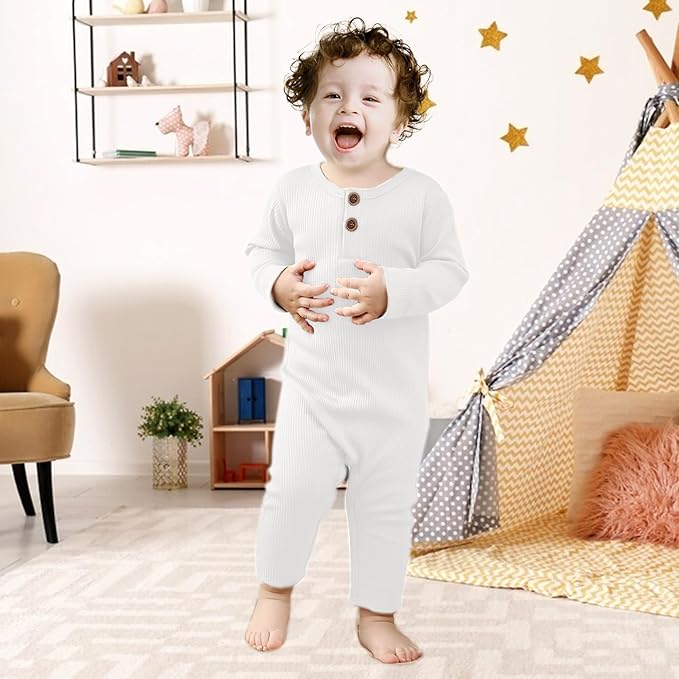 Newborn Baby Boy Girl Romper Infant Long Sleeve Solid Ribbed Button Clothes Bodysuit Jumpsuit