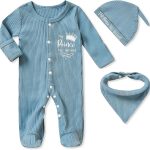 Newborn Infant Baby Boy Coming Homing Clothes Letter Print Button Knit Footed Romper Jumpsuit Hat Bibs 3pcs Outfit